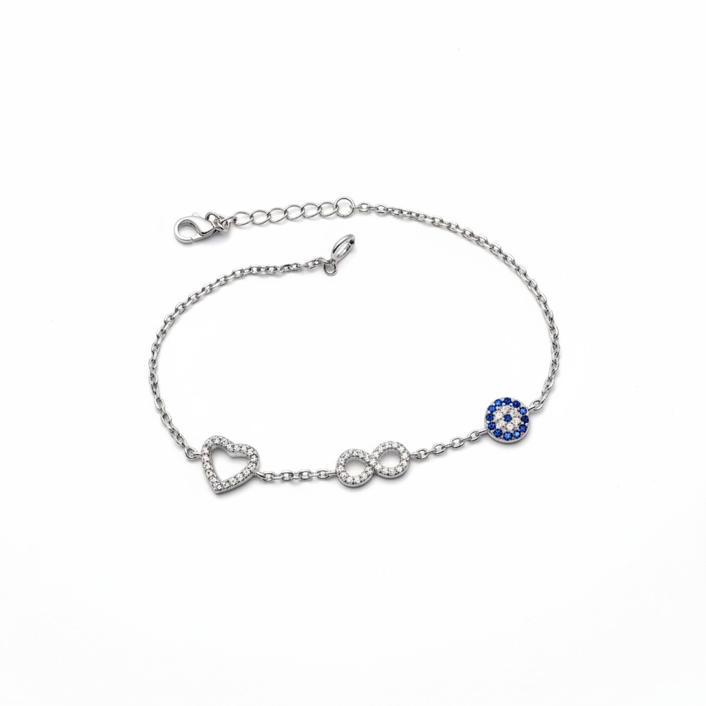 Heart, Infinity & Evil Eye Silver Bracelet