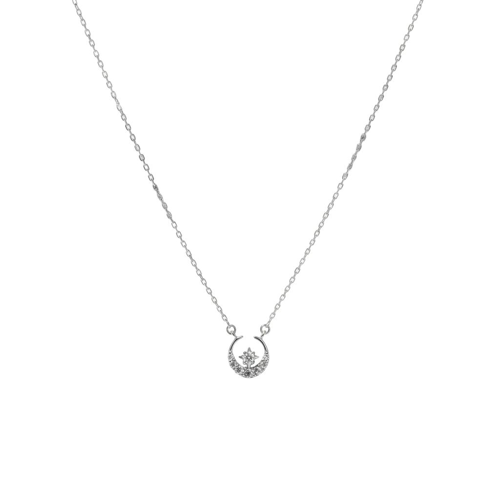 Crescent Moon and Star CZ Necklace