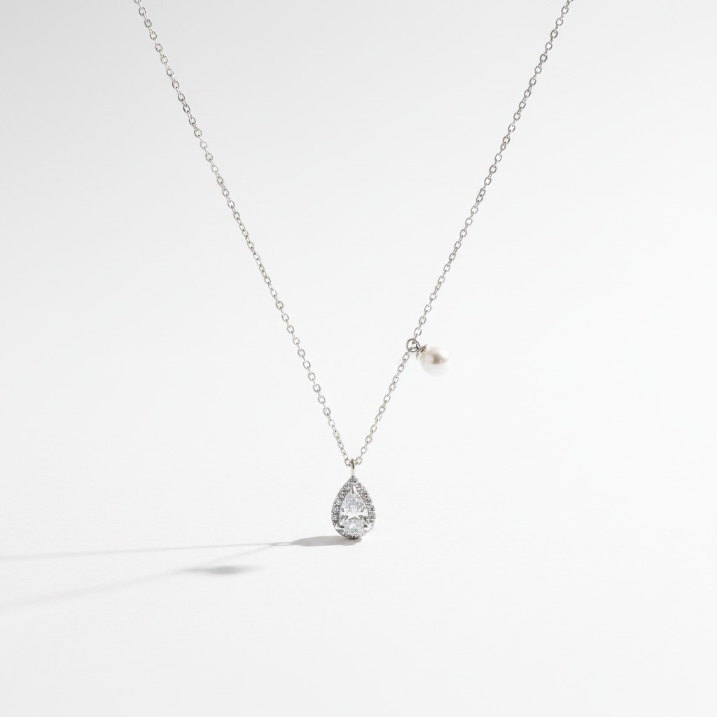 Pear CZ Halo & Pearl Accent Necklace