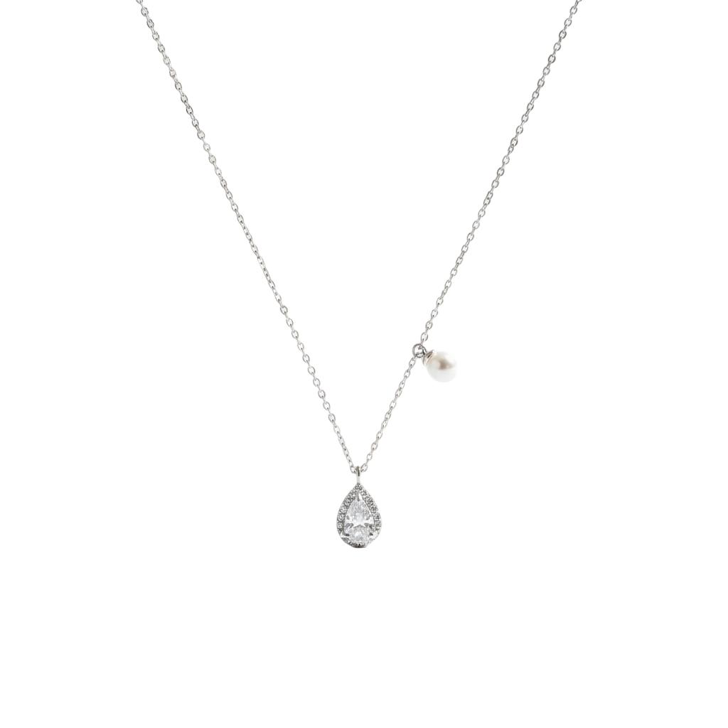 Pear CZ Halo and Pearl Accent Necklace