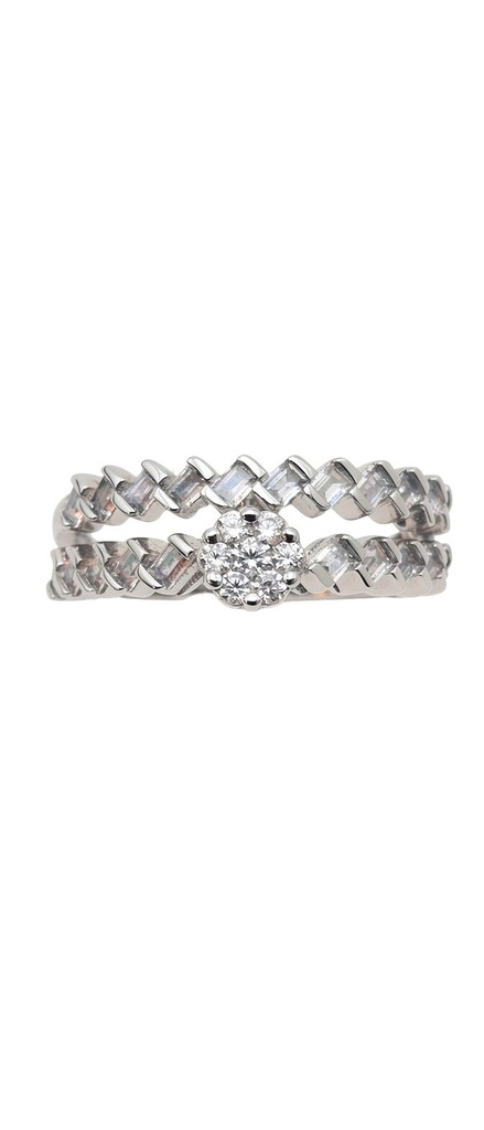 Double-Band Baguette CZ Ring with CZ Cluster