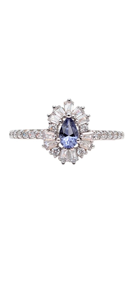 Pear Blue CZ Sunburst Halo Ring
