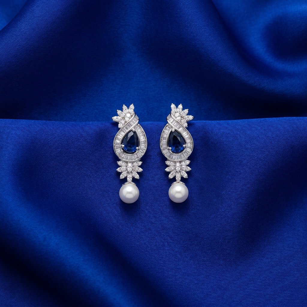 [CBR0089] Blue Crystal & Pearl Drop Earrings