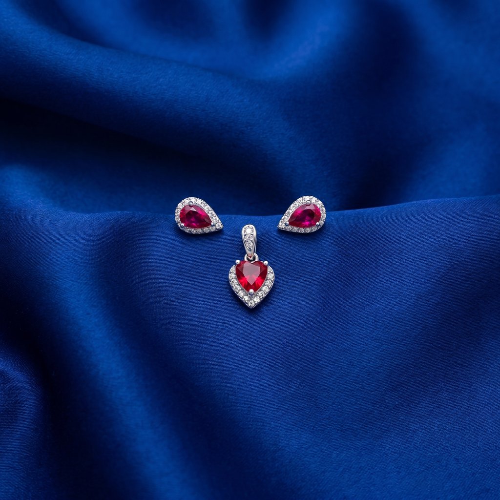 [DPS0299] Red Crystal Heart Pendant & Earrings Set