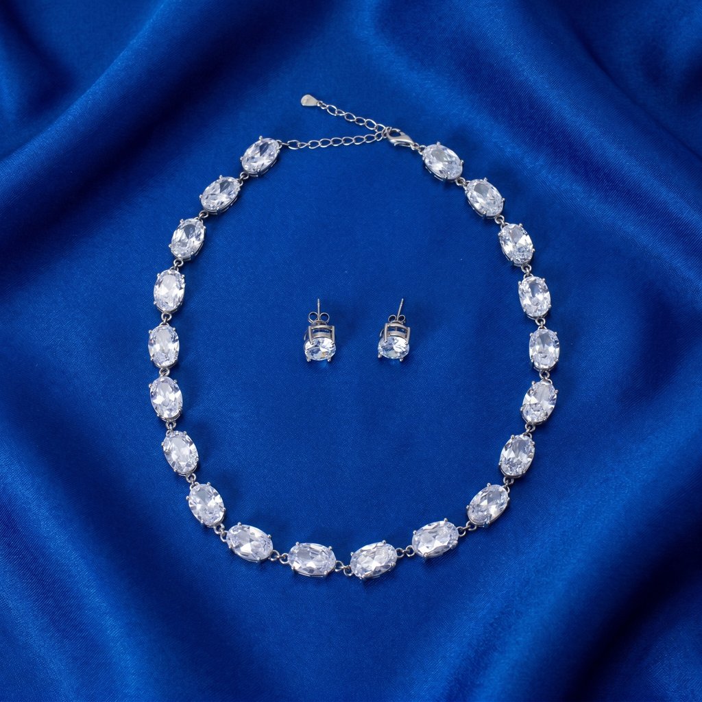 [DS0021] Oval CZ Tennis Necklace & Earrings Set
