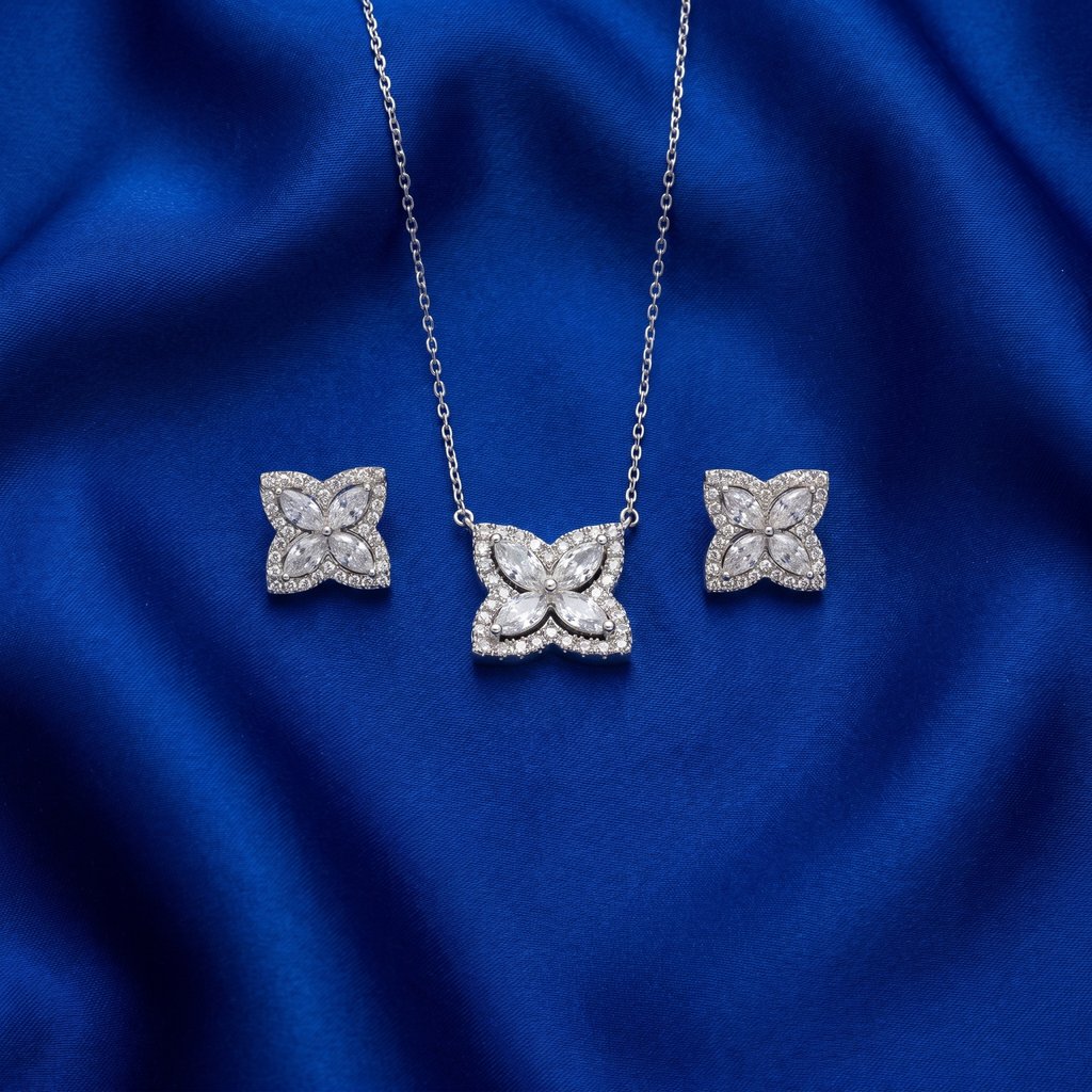 [DS0107] Floral Marquise CZ Necklace & Earrings Set