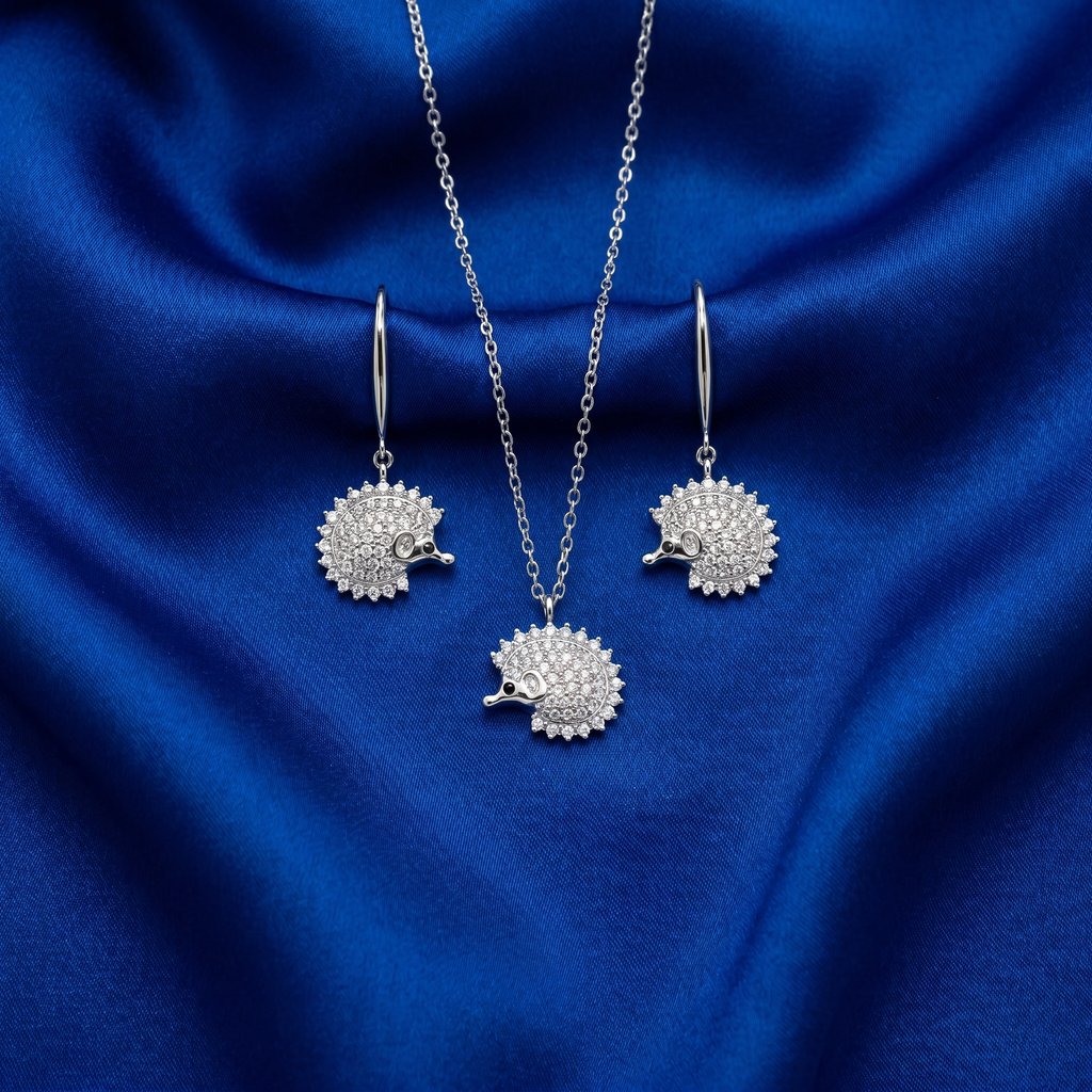[DS0121] Hedgehog Pave Necklace & Earrings Set