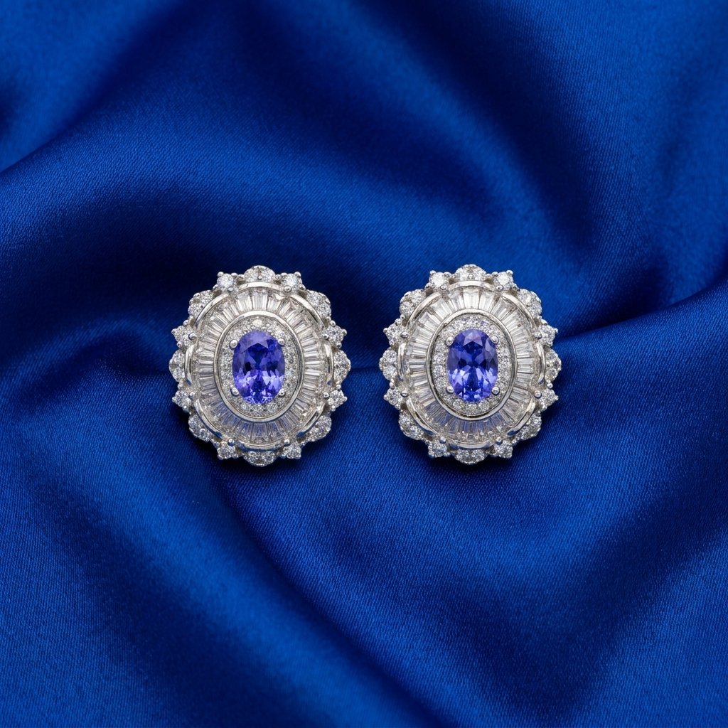 [B38] Tanzanite Oval Double Halo Earrings