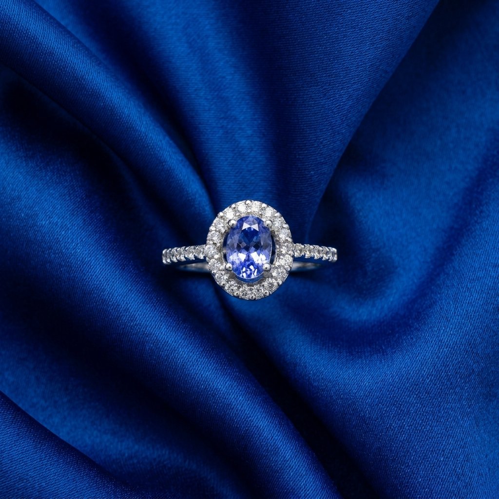 [B32] Tanzanite Oval Halo Ring with Diamond Shoulders