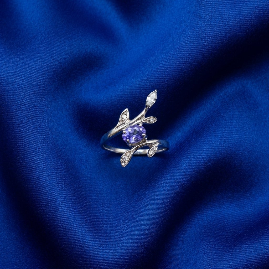 [B26] Tanzanite Round Leaf Vine Ring with Diamond Accents