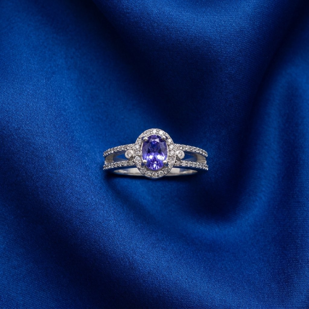 [B34] Tanzanite Oval Halo Split Shank Ring