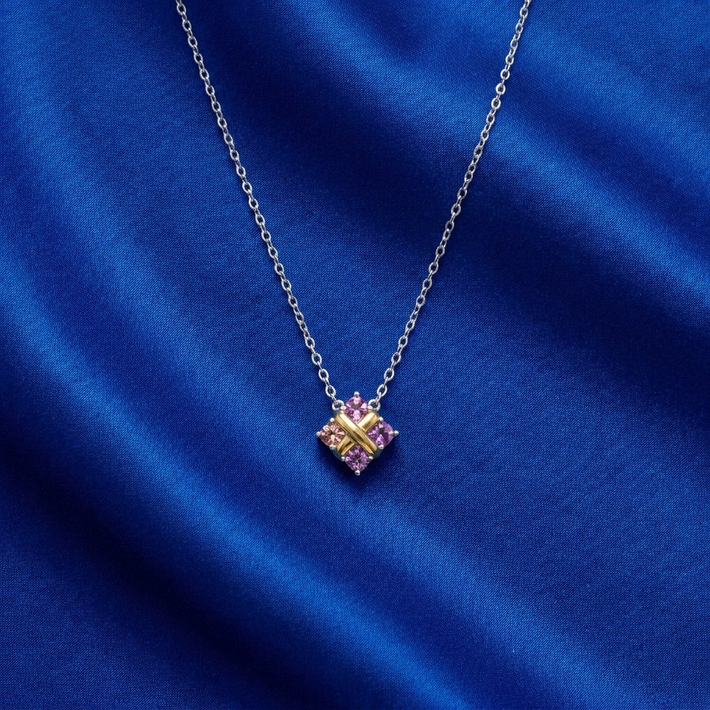 [38] Lotus Garnet Princess Cut Pendant Necklace